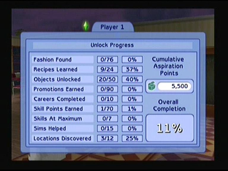 The Sims 2 (PlayStation 2) screenshot: Unlock progress