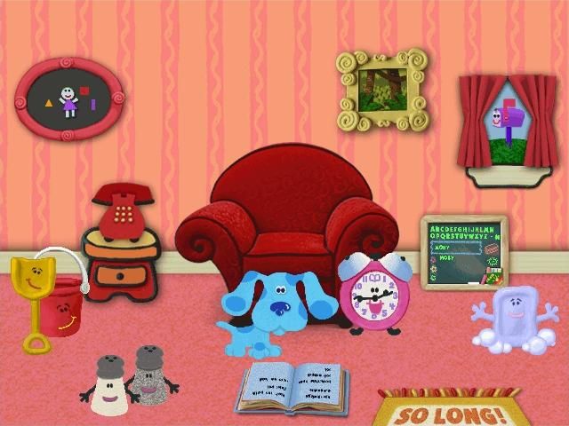 Blue's Clues: Blue's ABC Time Activities (Windows) screenshot: Blue's livingroom - the home screen
