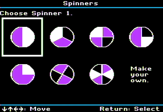 Take a Chance! (Apple II) screenshot: Choosing a Spinner