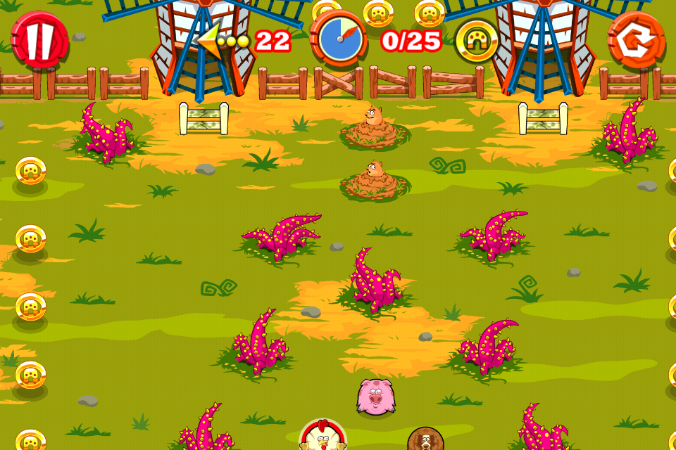 Rolling Ranch (iPhone) screenshot: Windmills, tentacles(work as pinball bumpers) and other obstacles