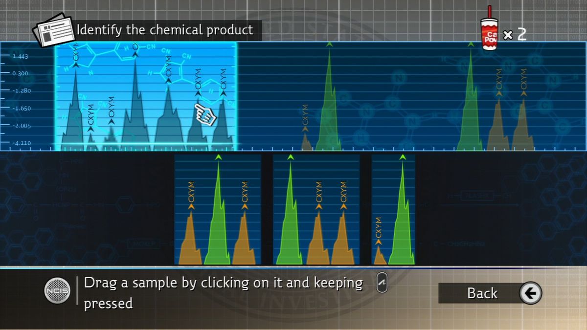 NCIS (PlayStation 3) screenshot: Identifying the chemical product.