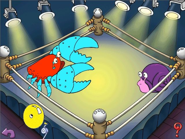 Scholastic's The Magic School Bus Explores the World of Animals (Windows) screenshot: Here you can click on each contender to enlarge shell or claw, them pit them against each other.