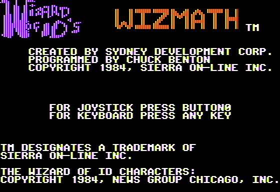 Wizard of Id's WizMath (Apple II) screenshot: Title Screen