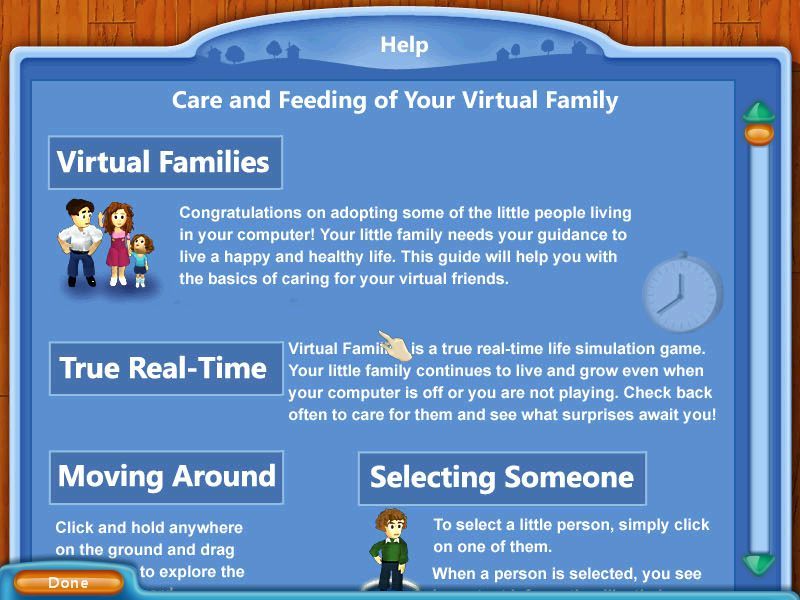 Virtual Families (Windows) screenshot: There's a decent in-game guide to the basics of the game