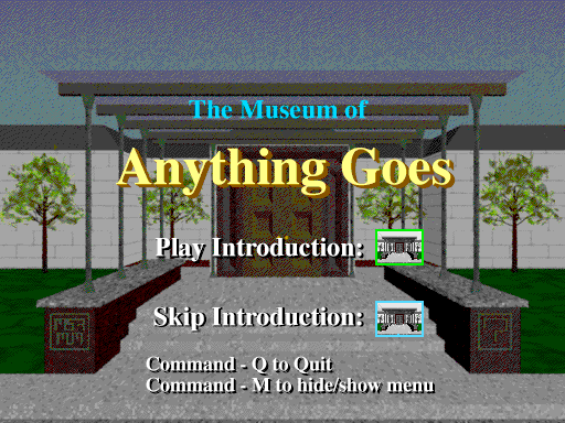The Museum of Anything Goes (Macintosh) screenshot: The Macintosh version's title screen. It mentions the Mac's Command keys instead of the Control keys you'd see on a Windows computer.