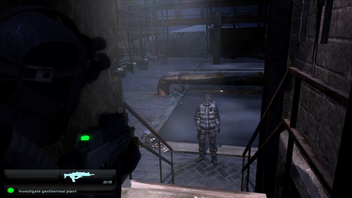 Tom Clancy's Splinter Cell: Double Agent (Windows) screenshot: Encountering an enemy unaware of your actions.