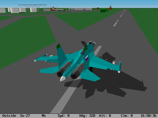 Su-27 Flanker (DOS) screenshot: On the runway with flaps and airbrake extended.