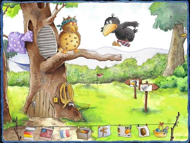 The Little Raven & Friends: The Tricycle Story (Windows) screenshot: Arriving at sleepy old Owl's house.