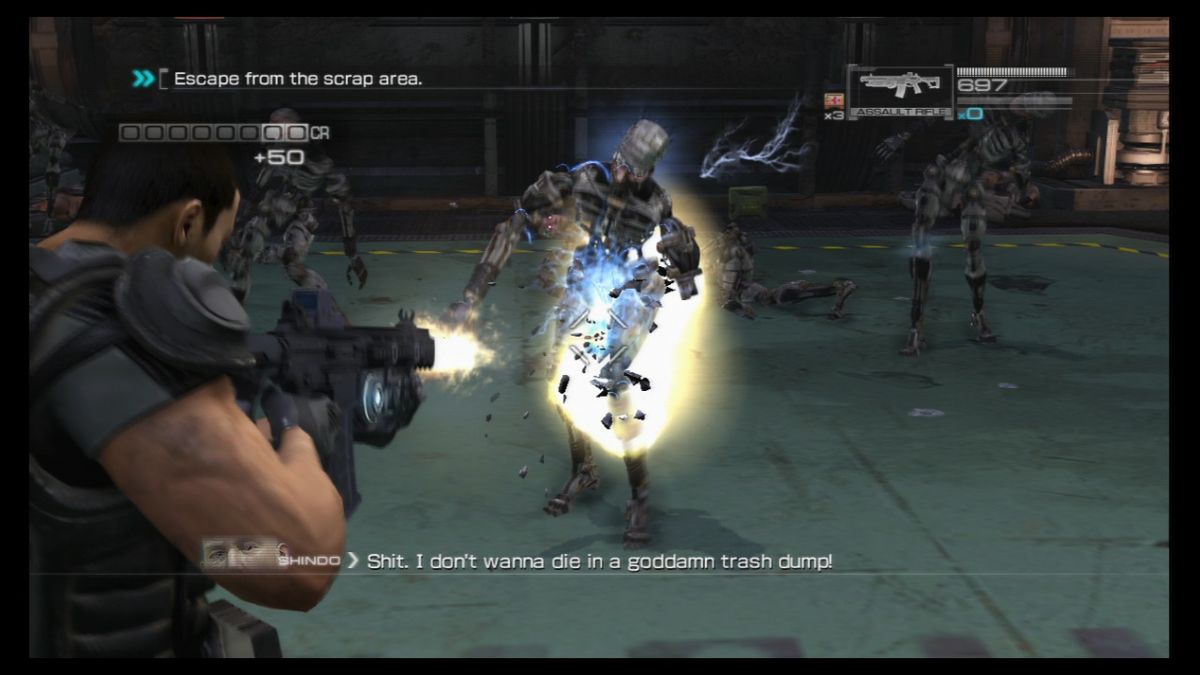 Binary Domain (PlayStation 3) screenshot: Escaping the trash dump full of malfunctioning attacking rejects.