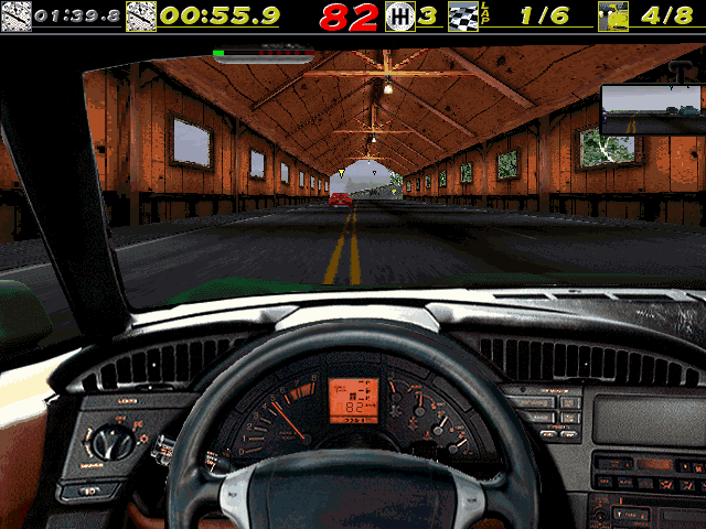 The Need for Speed (DOS) screenshot: Cruising through a tunnel in the Vette at Vertigo Ridge.