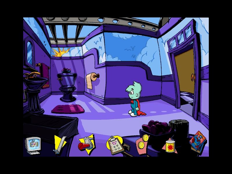 Pajama Sam 2: Thunder and Lightning aren't so Frightening (Windows) screenshot: An interactive bathroom! And a view of the pop-up inventory screen
