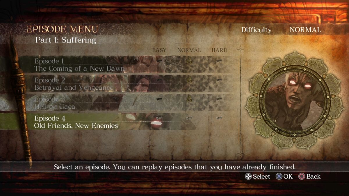 Asura's Wrath (PlayStation 3) screenshot: Episode selection menu. The whole game is like an interactive anime series.