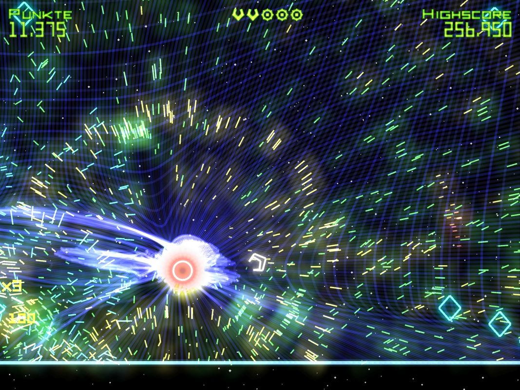 Geometry Wars: Retro Evolved (Windows) screenshot: An active wormhole dragging everything around it into itself.