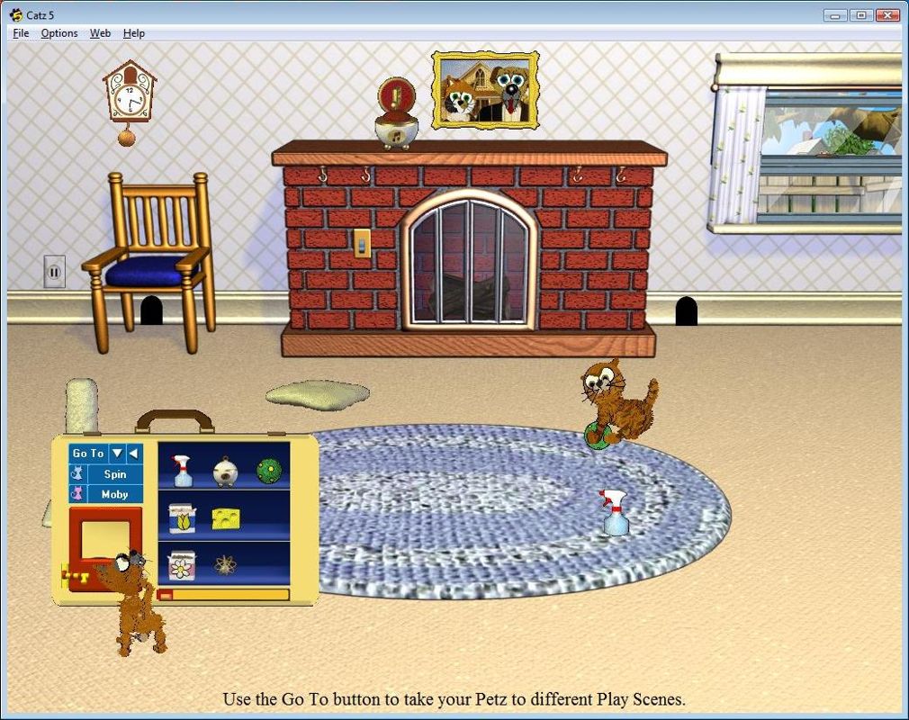 Catz 5 (Windows) screenshot: Spin is playing, Moby is unhappy because he clawed the rug and I sprayed him.