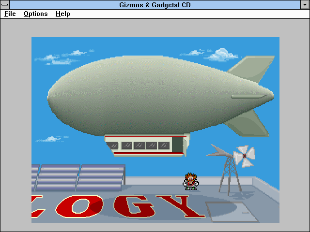 Super Solvers: Gizmos & Gadgets! (Windows 3.x) screenshot: Intro - Morty jumping from his blimp