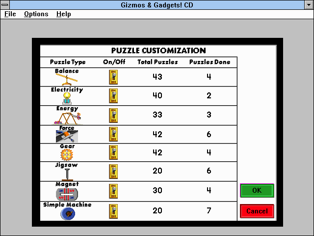 Super Solvers: Gizmos & Gadgets! (Windows 3.x) screenshot: Puzzle customization