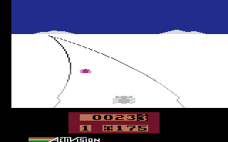 Enduro (Atari 2600) screenshot: Be careful when the road turns icy!