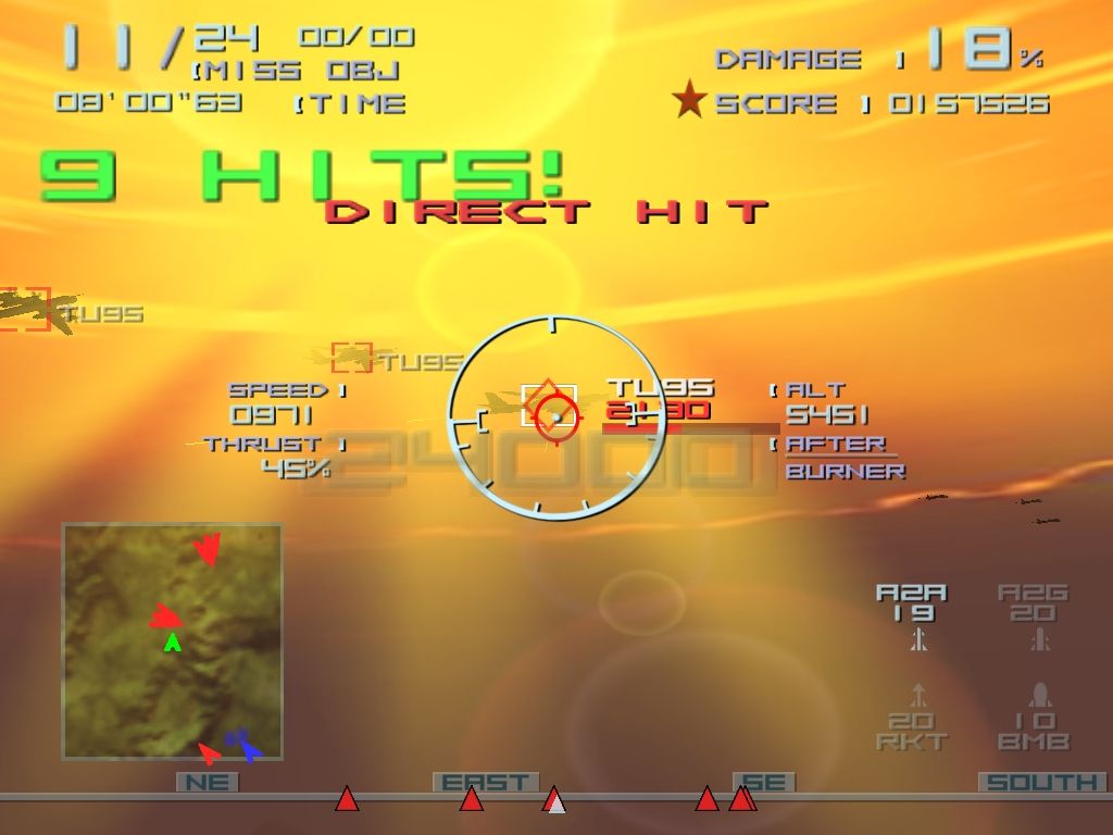Top Gun: Combat Zones (Windows) screenshot: That Tu-95 bomber is taking several cannon hits.