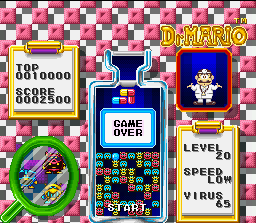 Tetris & Dr. Mario (SNES) screenshot: Due to the big virus number, the capsule stack crossed the screen top. Game Over...