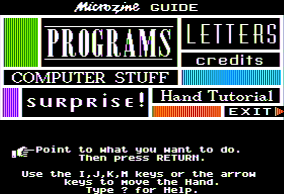 Microzine #27 (Apple II) screenshot: Main Menu
