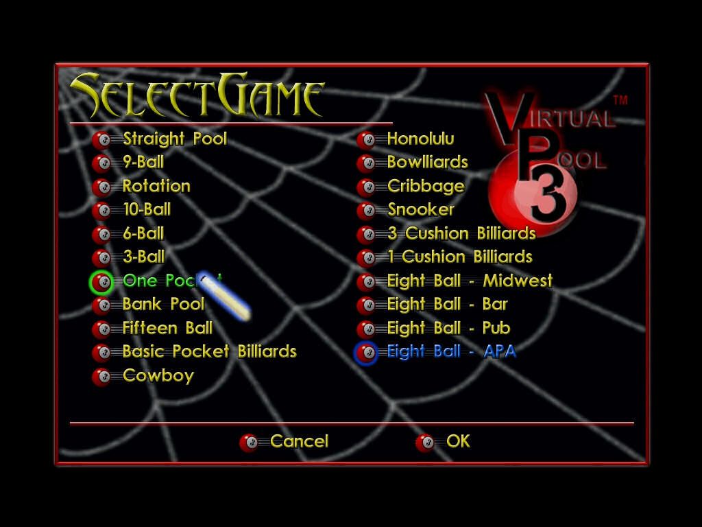 Virtual Pool 3 (Windows) screenshot: Select game type.