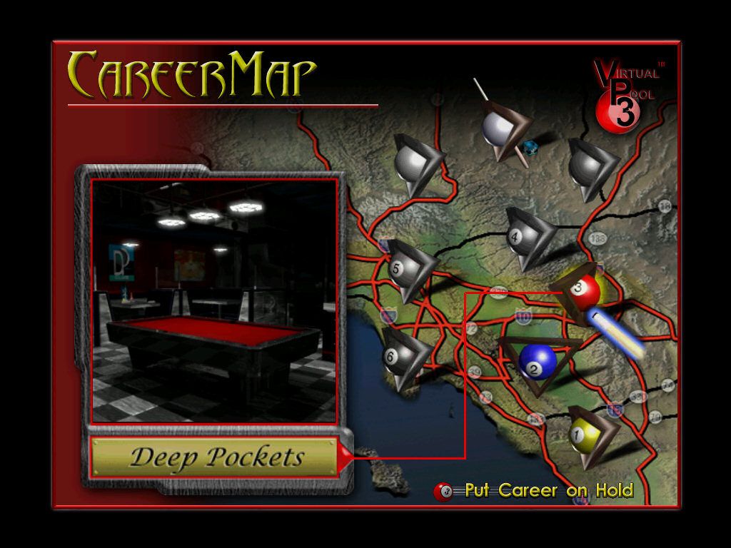 Virtual Pool 3 (Windows) screenshot: Career map, with the locations the player can go to.