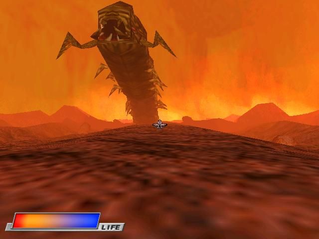 Des Blood 4: Lost Alone (Windows) screenshot: This is a rail-shooter part. Try to move your vehicle out of the sand worm's way, and then shoot at it