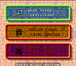 Tetris & Dr. Mario (SNES) screenshot: Battle against CPU opponents (viruses Blue, Yellow and Red): bonus added to this Dr. Mario version!