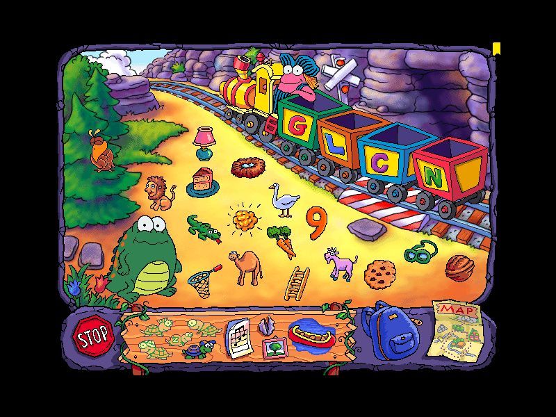 Huggly Saves the Turtles: Thinking Adventures (Windows) screenshot: These items must be sorted into the cars that match their first letter