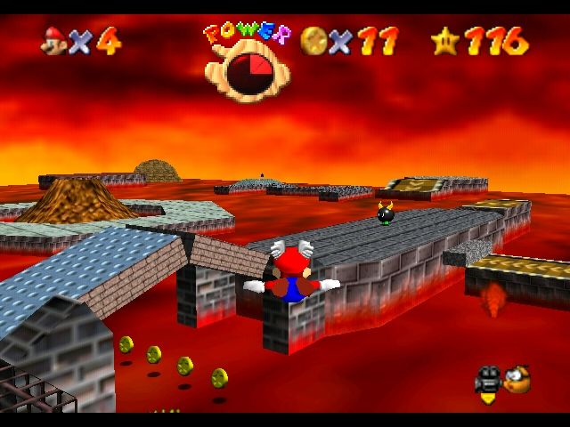 Super Mario 64 (Nintendo 64) screenshot: Flying in Lethal Lava Land