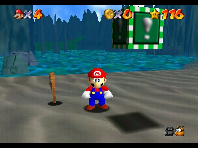 Super Mario 64 (Nintendo 64) screenshot: Mario near a Metal Cap in Jolly Roger Bay