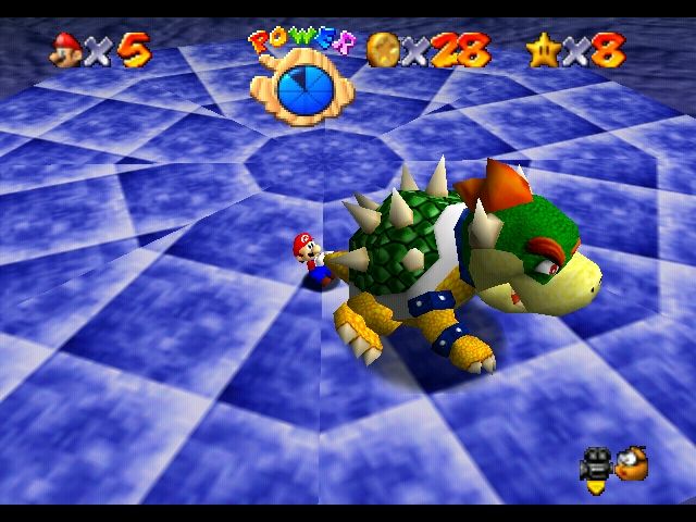 Super Mario 64 (Nintendo 64) screenshot: Mario spinning Bowser in the Dark World