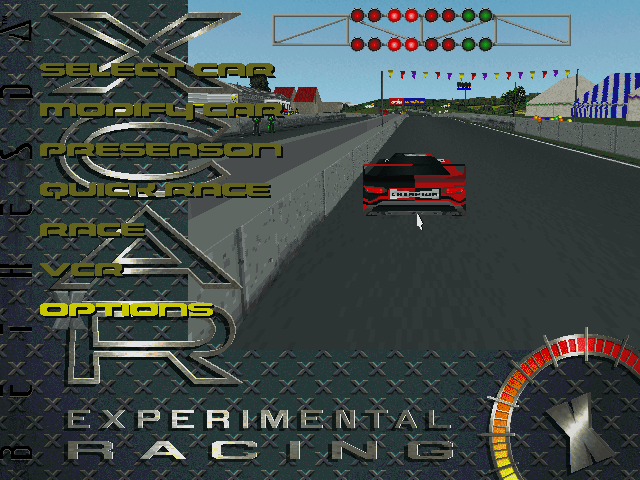 XCar: Experimental Racing (DOS) screenshot: Demo looping in main menu.