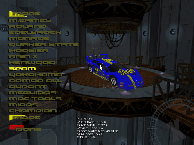 XCar: Experimental Racing (DOS) screenshot: I will ride spam! Don't see a sticker of viagra anywhere, though.