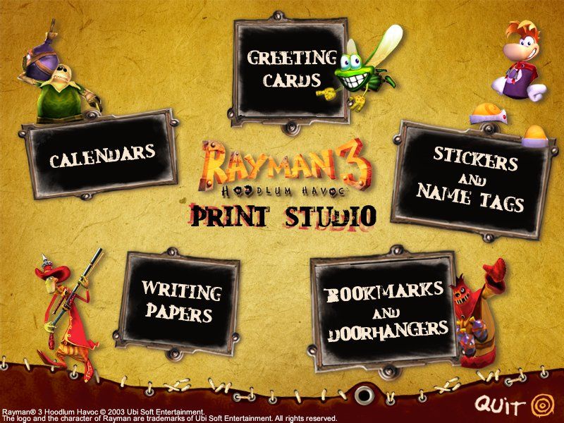 Rayman: 10th Anniversary Collection (Windows) screenshot: Rayman 3 Woodlum Havoc Print Studio: Main Menu