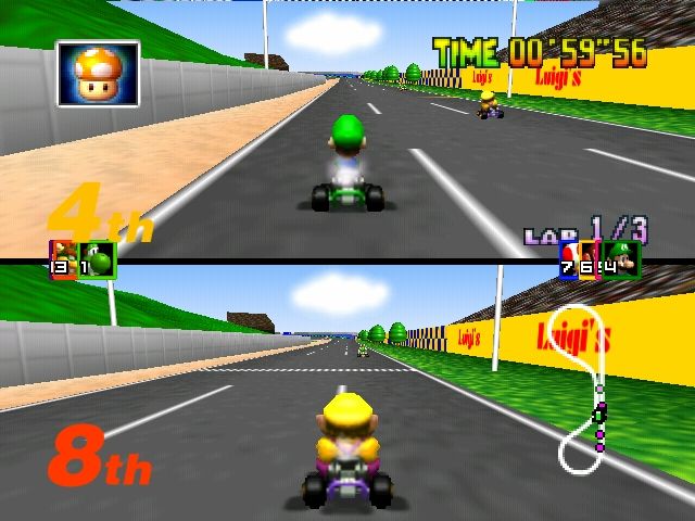 Mario Kart 64 (Nintendo 64) screenshot: 2 player Mario GP mode in Luigi Raceway