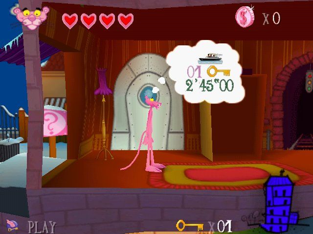 Pink Panther: Pinkadelic Pursuit (Windows) screenshot: Inside Uncle Pink's mansion. When you stand near each door, Pink's though bubble will display the type of level, the number of key you need and the recorded time