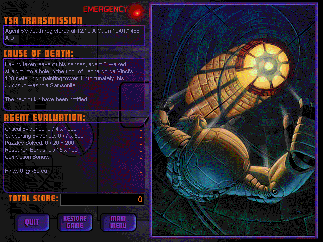 The Journeyman Project 2: Buried in Time (Windows 3.x) screenshot: Da Vinci studio death screen