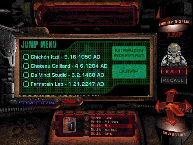 The Journeyman Project 2: Buried in Time (Windows 3.x) screenshot: Time jump menu