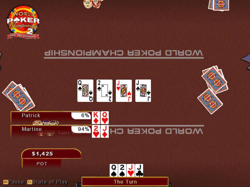 World Poker Championship 2: Final Table Showdown (Windows) screenshot: Note the percents determining the winning hand.