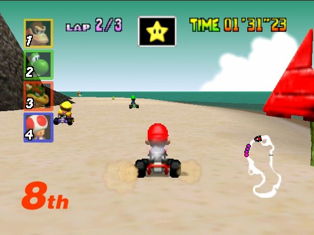 Mario Kart 64 (Nintendo 64) screenshot: Mario in Koopa Troopa Beach
