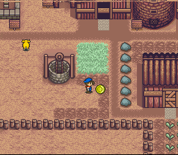 Harvest Moon (SNES) screenshot: Sometimes plowing will unearth valuable items. In this case you've found some money...while discoveries varies, plowing everything in sight maybe a good idea...just in case.