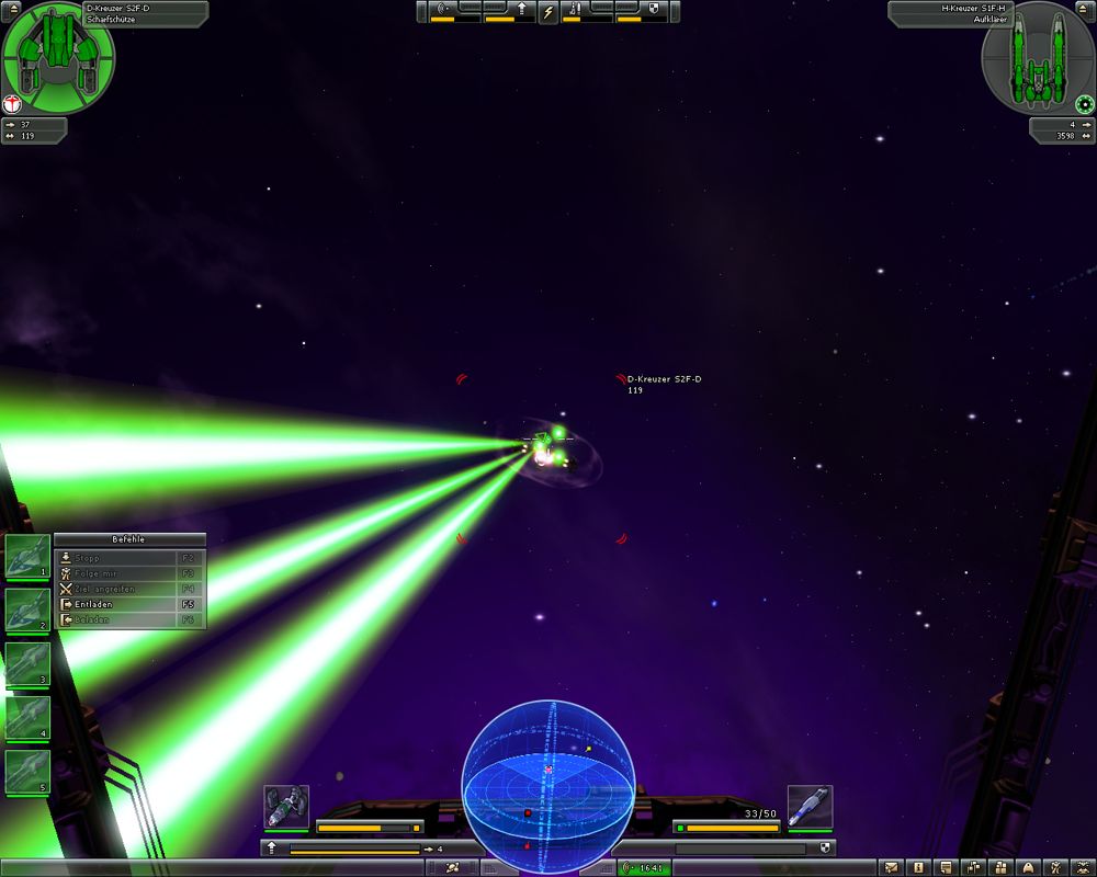 Parkan II (Windows) screenshot: Attacking a pirate. The menu on the left allows control over your drones