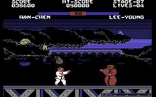Yie Ar Kung-Fu 2: The Emperor Yie-Gah (Commodore 64) screenshot: Han-Chen is throwing bombs