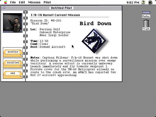 F/A-18 Hornet (Macintosh) screenshot: Mission Selection