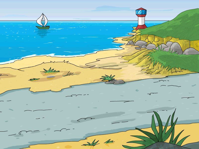 Arthur's Sand Castle Contest (Windows) screenshot: The beach looks peaceful and quiet