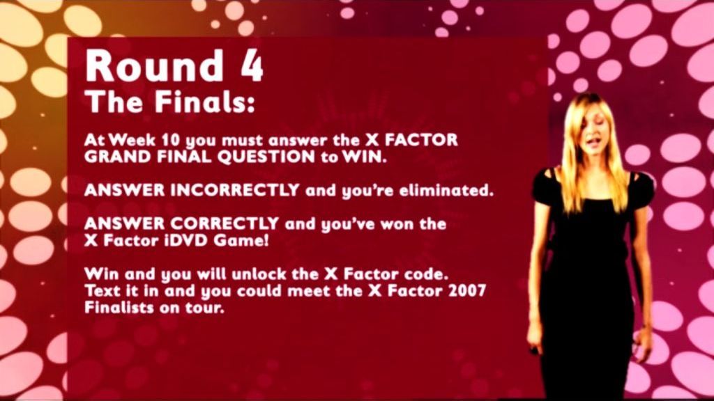 The X Factor: Interactive TV Game (DVD Player) screenshot: Round Four help screen, this one explains the very last question and the competition