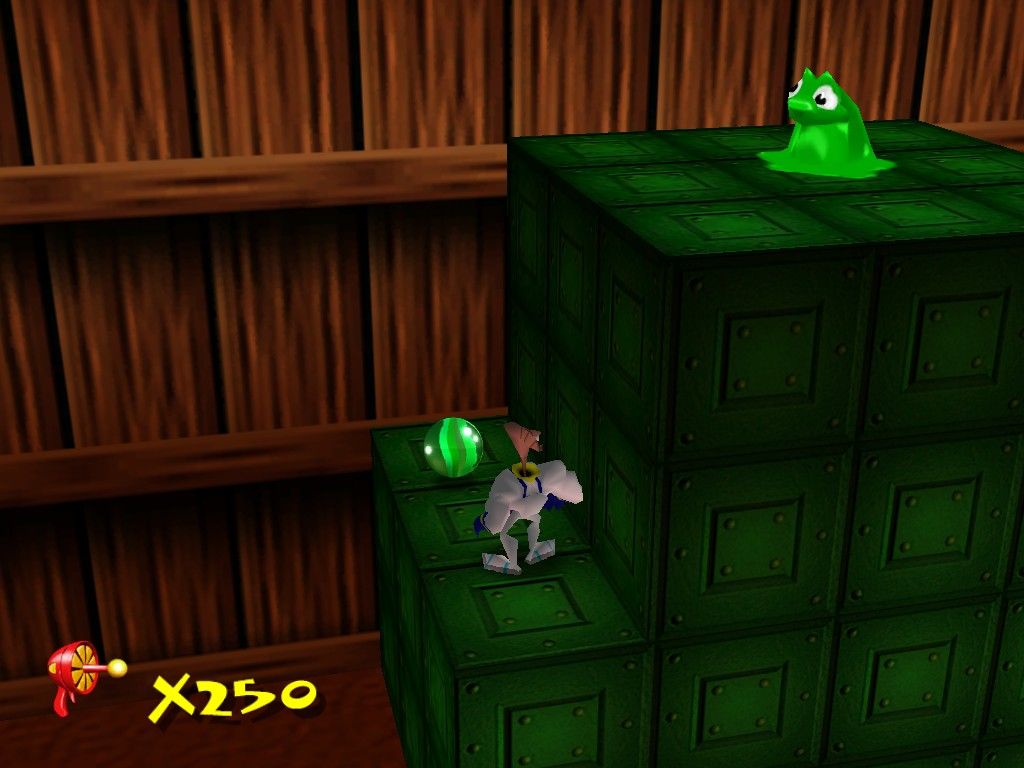 Earthworm Jim 3D (Windows) screenshot: One of the marbles. The slime gives advices about the game.