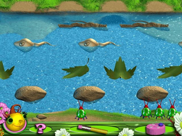 Miss Spider's Tea Party (Windows) screenshot: Jump your beetle from rock to leaf to pollywog to stick and then to shore!