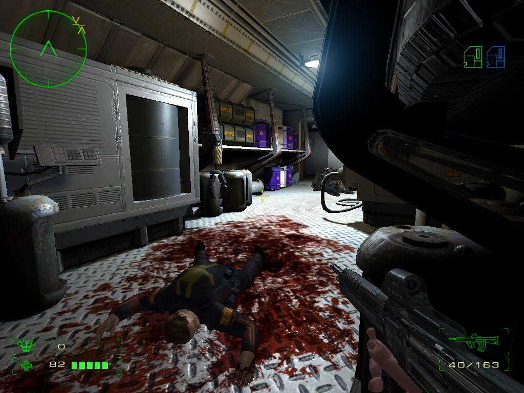 Operation: Matriarchy (Windows) screenshot: I'm hiding. On the floor is one of the Velians' many unfortunate victims.